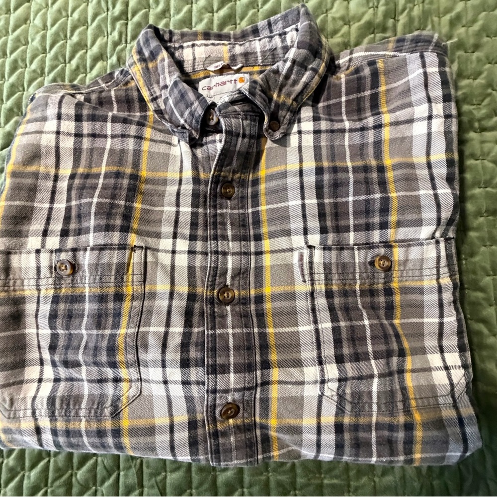 Carhartt grey white yellow plaid button front long sleeve flannel shirt size 2XL